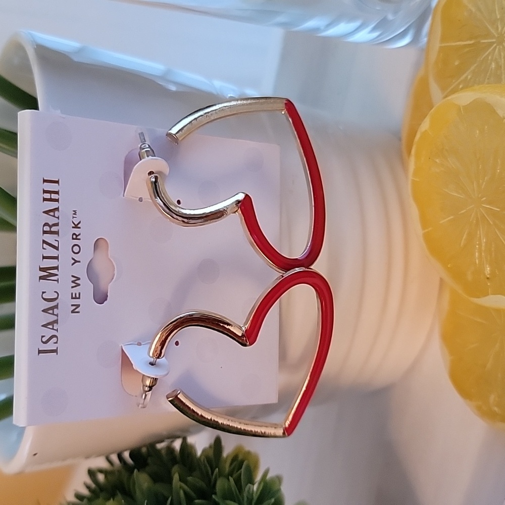 Red and Gold Open Heart Earrings Isaac Mizrahi